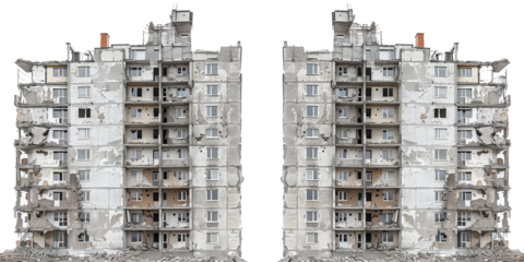 Ruined skyscrapers isolated on transparent or white background 