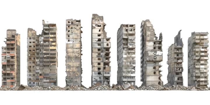 Ruined skyscrapers isolated on transparent or white background 
