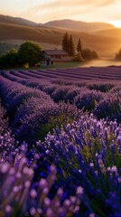 Naklejka premium a field of lavender flowers with a sunset in the background