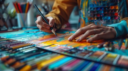 Obraz premium A designer is using color swatches and a graphic tablet to create design elements for their website