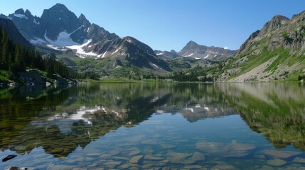 The clear, still waters of a mountain lake reflect the surrounding peaks, creating a mirror-like image of natural beauty.