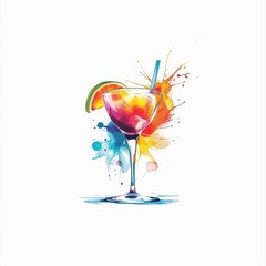 Vibrant Watercolor Cocktail Illustration with Splash Effects and Lime Garnish on White Background