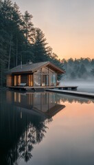Obraz premium a house sitting on top of a lake next to a forest