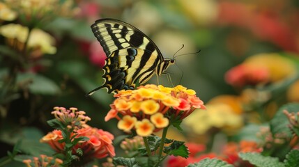 Obraz premium The delicate wings of a butterfly flutter gracefully as it dances from flower to flower, spreading joy with its vibrant colors.