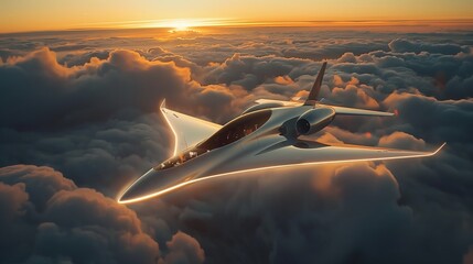 A sleek, futuristic airplane soaring above the clouds with LED lights on its exterior