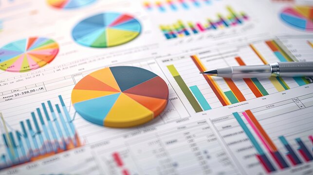 A closeup of financial graphs and charts, showcasing colorful pies