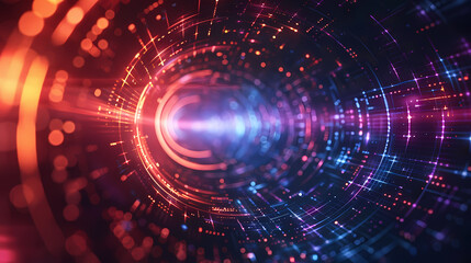 Obraz premium Futuristic digital tunnel with vibrant lights and energy pulses, showcasing a dynamic technology concept.