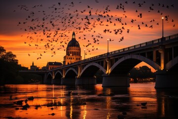 Magic sunset with bats at Austin's South Congress Bridge., generative IA