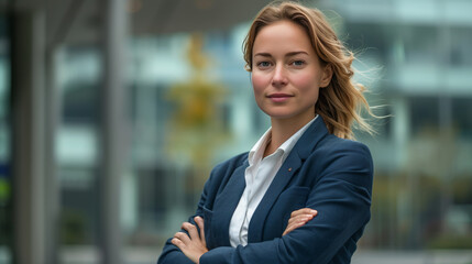 Portrait of a confident business woman in a suit standing with her arms crossed looking at the camera against a modern office building