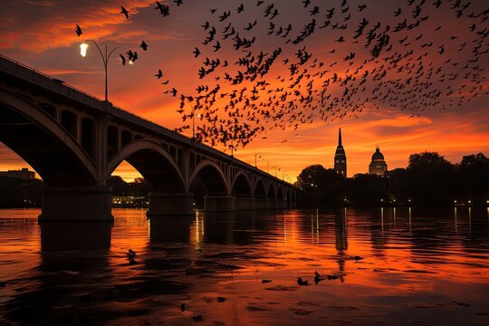 Magic sunset with bats at Austin's South Congress Bridge., generative IA
