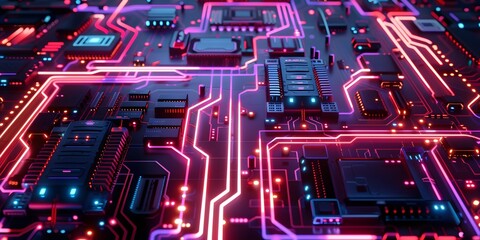 Fototapeta premium Futuristic circuit board illuminated with neon lights