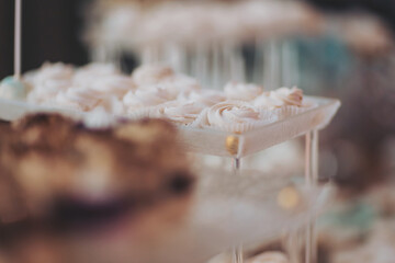 Wedding candy bar. Delicious creamy desserts with fruits, macarons, cakes and cookies on table at wedding reception in restaurant. Luxury catering service. Delicious wedding reception candy bar. 