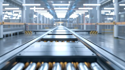 Photo of a modern factory for the production of car battery cells on a conveyor belt, depicting the electronic industry concept