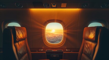 A stunning sunset over clouds is visible through the first-class airplane cabin window, casting a warm, golden light on the plush leather seats, evoking a feeling of luxury and tranquility