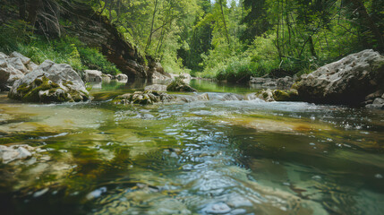 Obraz premium A crystal clear river flowing through green, wild landscapes. 