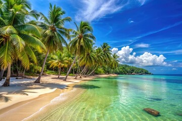 A pristine beach on Phu Quoc Island, with clear blue water, white sand, and palm trees gently swaying in the breeze.