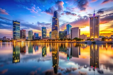 Naklejka premium The vibrant skyline of Ho Chi Minh City (Saigon) at dusk, with modern skyscrapers illuminated against the twilight sky and reflections on the Saigon River.