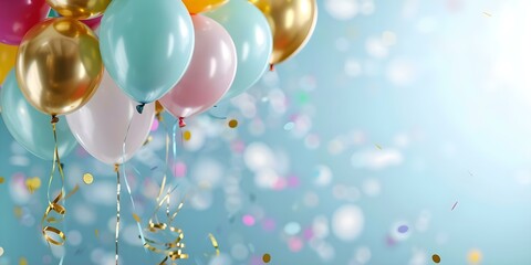 Vibrant Horizontal Banner with Balloons, Confetti, and Bokeh Lights for Party Invitation. Concept Celebration Background, Festive Design, Party Decor, Event Banner, Vibrant Colors