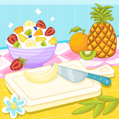 Aesthetic cooking of fruit salad in the kitchen