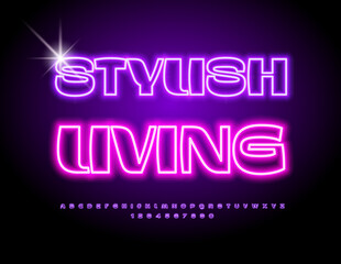 Obraz premium Vector Neon Poster Stylish Living. Elegant Glowing Font. Trendy Electric Alphabet Letters and Numbers set.