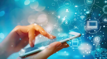 Close-up of a hand using a smartphone with glowing digital icons overlay, symbolizing technology and connectivity.