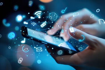 Close-up of a hand using a smartphone with glowing digital icons overlay, symbolizing technology and connectivity.