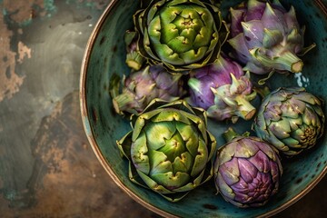 Fototapeta premium Artistic still life of organic artichokes in a rustic ceramic bowl atop a vintage surface