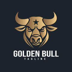 Golden Bull logo gold gradient style bull head. has sharp horns and a ring on his nose, a star on his forehead for business related to finance, investments, sports teams