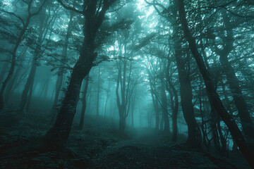 Obraz premium Mystical foggy forest with blue light
