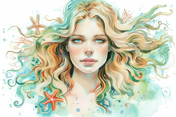 Watercolor young woman with sea ​​shells and starfish portrait art. Colorful creative watercolor illustration