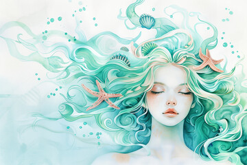 Watercolor young woman with sea ​​shells and starfish portrait art. Colorful creative watercolor illustration