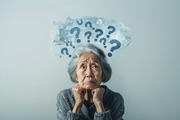 An Asian elderly woman with question marks above her head, depicting confusion and uncertainty, symbolizing the struggles of dementia and memory loss.