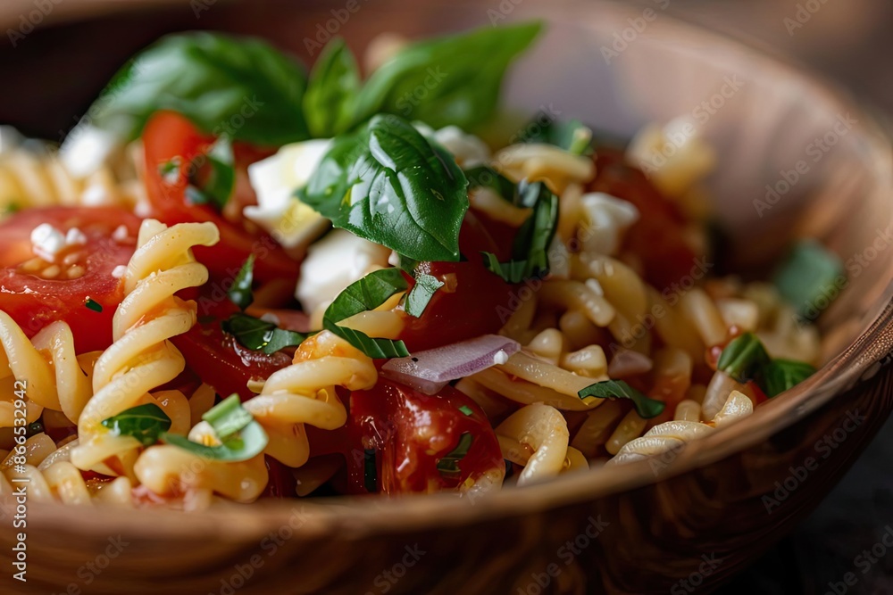 Wall mural Close-up of a wooden bowl filled with fresh pasta salad, featuring cherry tomatoes, basil leaves, and diced onions.