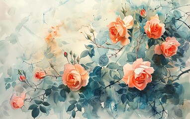 watercolor painting with abstract brushstrokes, small roses and leaves, vibrant contrasts, light and shadow interplay, contemporary style, Midjourney masterpiece
