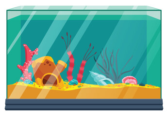 Aquarium with colorful algae, shells and sand. Underwater life with decorative accessories in flat style. Beautiful glass aquarium of home interior. Vector cartoon illustration