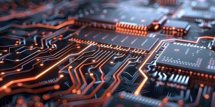 Visualizing the Energetic Pulse of Quantum Computing Through Neon Lines on Circuit Boards. Concept Quantum Computing, Neon Lines, Circuit Boards, Energetic Pulse, Visualization