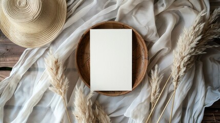 Mockup card with straw hat muslin pampas grass and plate
