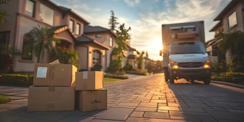Unpacking moving truck boxes in suburban driveway wide banner residential setting. Concept Moving Day, Unpacking Boxes, Residential Neighborhood, Suburban Living, Wide Banner视portrait