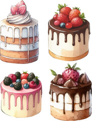 set of four cakes with berries in watercolor style