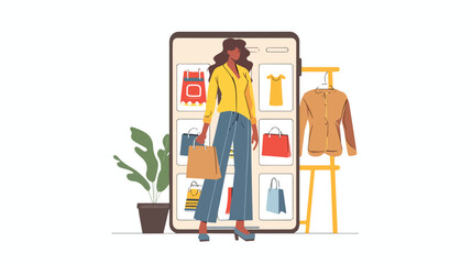 Online order woman simple. Women near smartphone screen