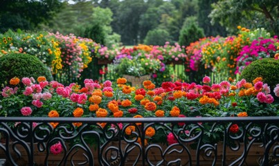 Fototapeta premium A vibrant garden full of blooming flowers, seen from a balcony with wrought iron railings