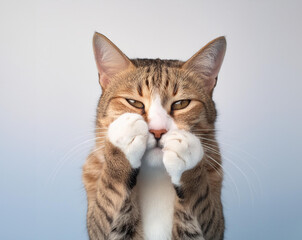 Obraz premium A cat with a sad face is covering his face and crying