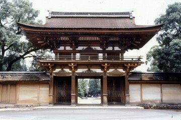 Fototapeta premium Japanese university entrance gate with students entering, traditional architecture and bustling activity, [academic tradition], [student life]