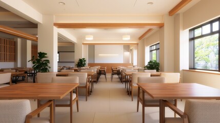 Japanese university dormitory common area with students studying and socializing, [student residence], [community living]