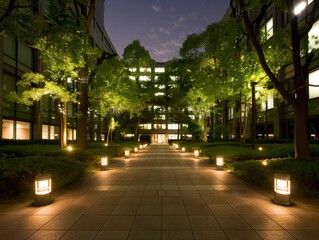 Evening view of Japanese university campus, illuminated pathways and serene atmosphere, [nighttime campus], [peaceful study environment]