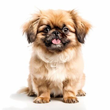 Pekingese dog breed standing against white background, AI Generated