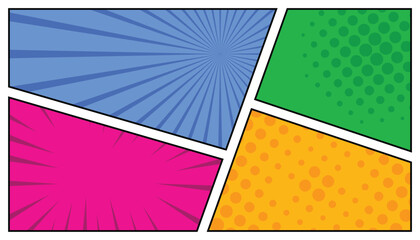 Comic book colorful frames background with halftone, rays, radial and dotted effects, pop art style, vector illustration © BhandariProductions