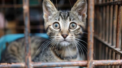 A scared kitten sits in a cage.