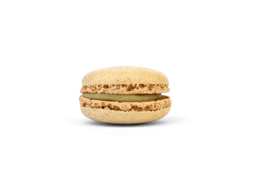 Macaroons with pistachio filling isolated on white background.