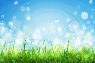 Obraz premium Abstract landscape with green grass and a blue sky, Spring or summer abstract nature background with grass and bokeh lights. Blue sky in the back 